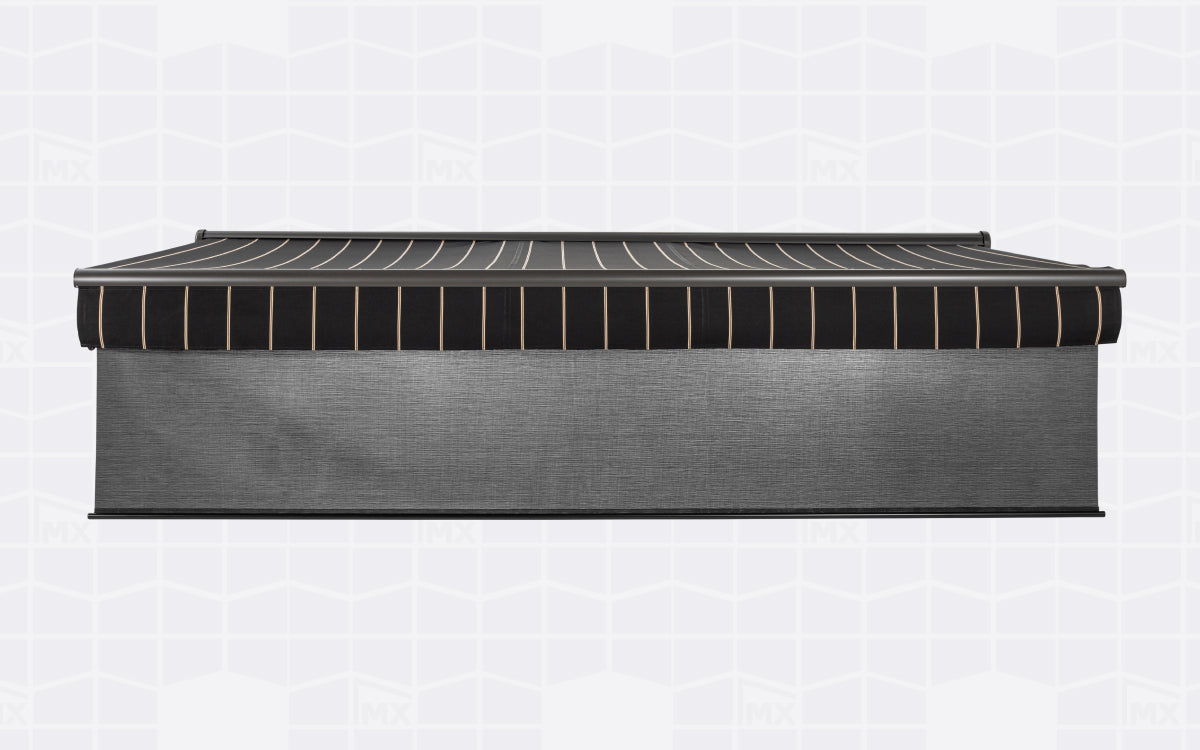 Front screen on an awning for extra UV protection.